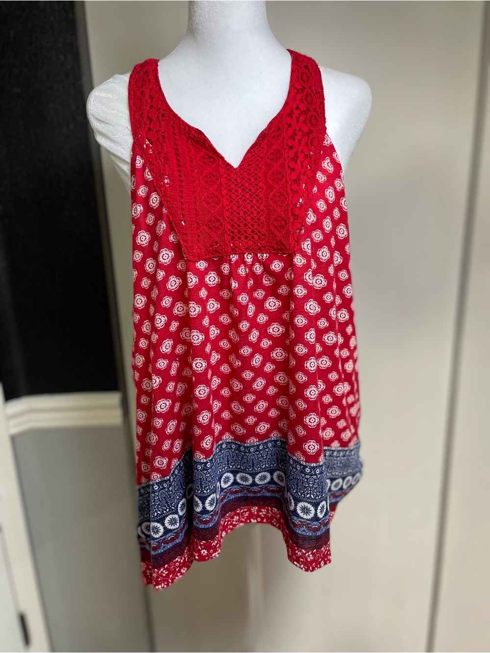 No Boundaries Red Crochet Yoke Printed Tank with Blue Border